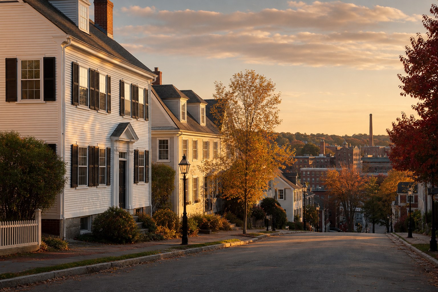 A New England neighborhood of clapboard homes in autumn light, illustrative