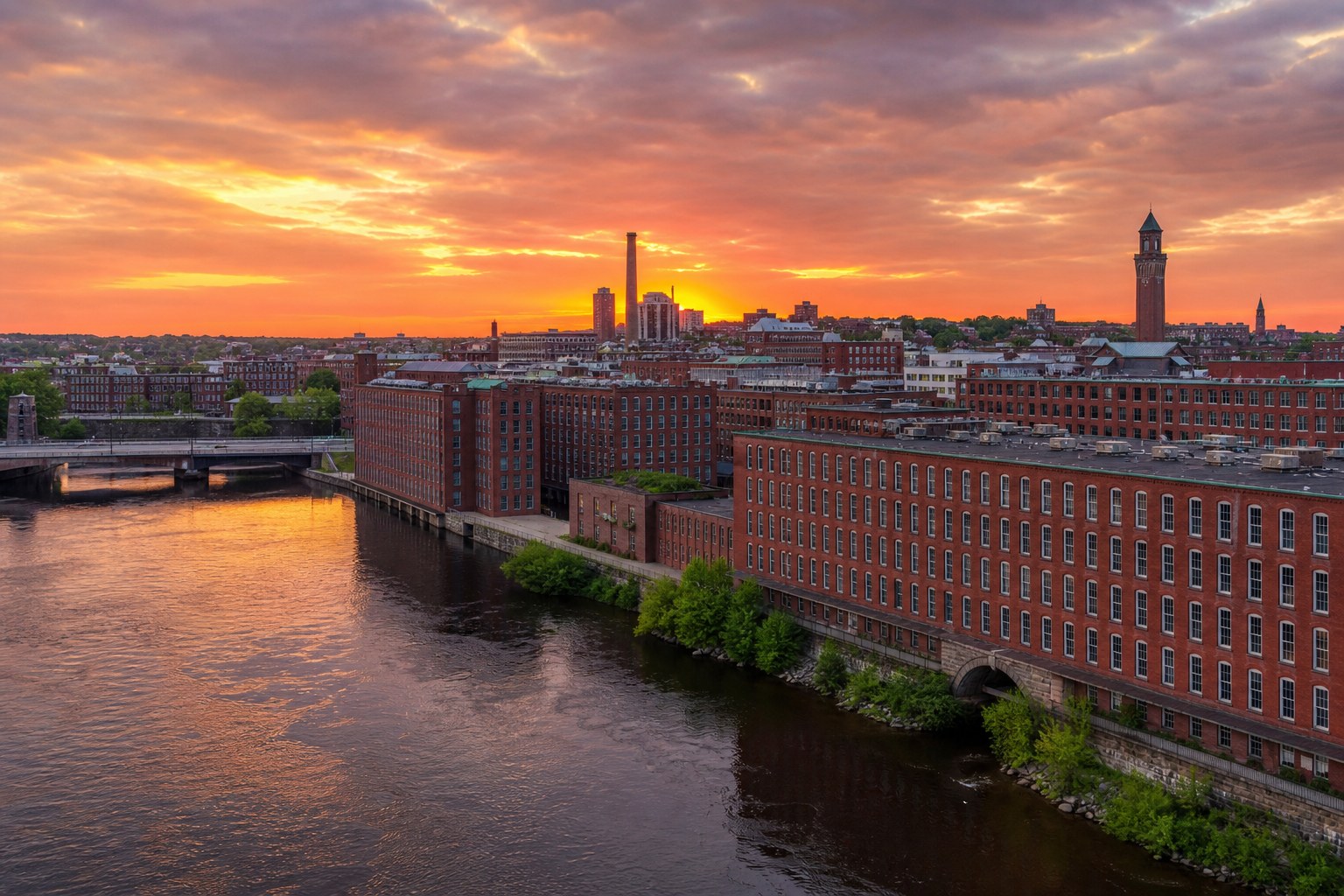 A Massachusetts mill town skyline at sunset, illustrative