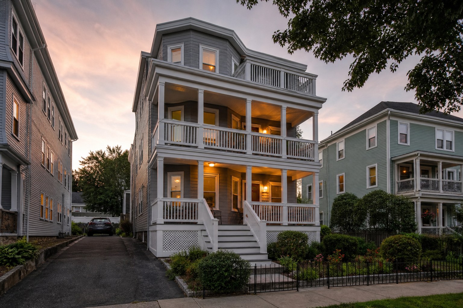 A classic New England home at dusk, illustrative