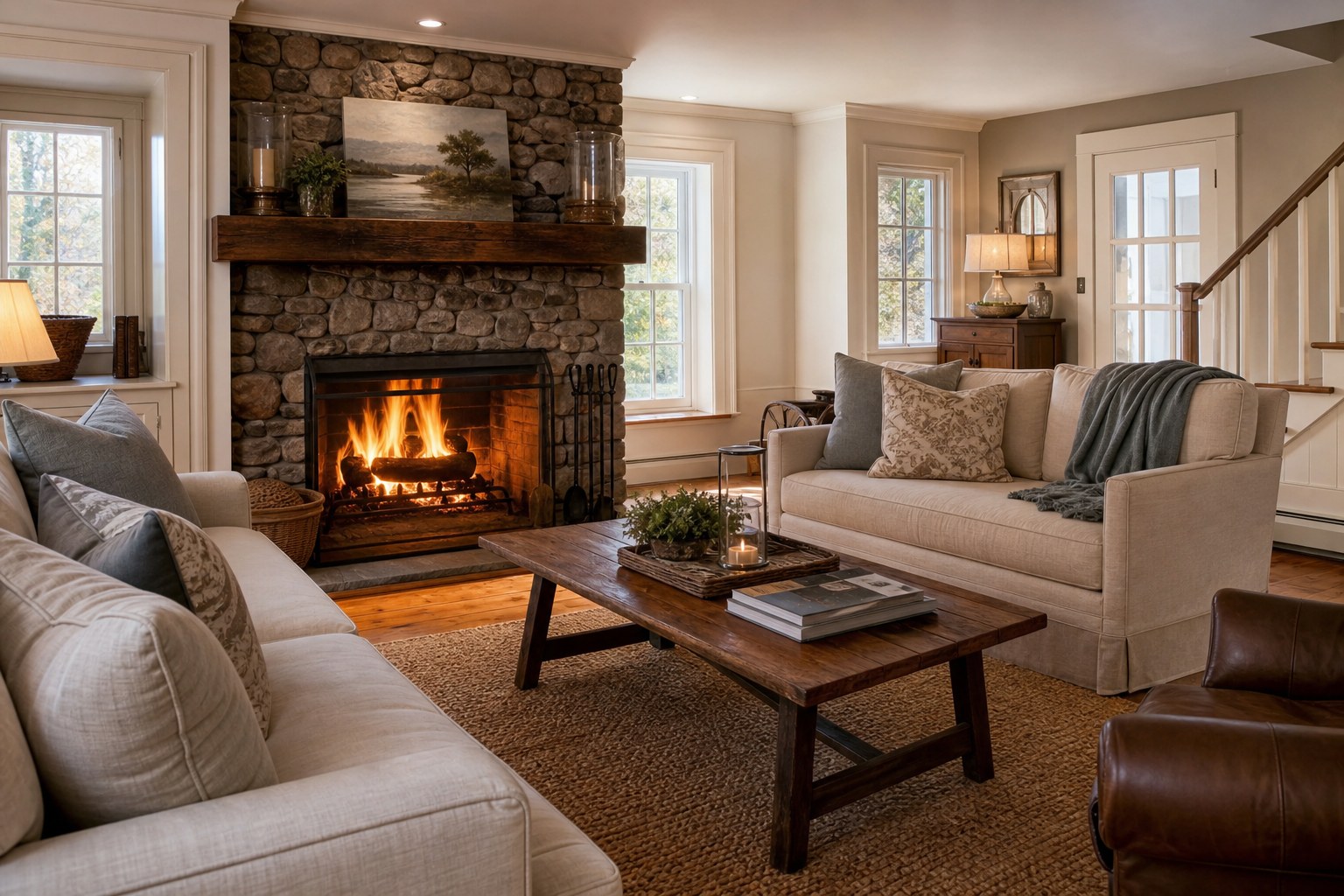 A cozy New England living room with a fireplace, illustrative