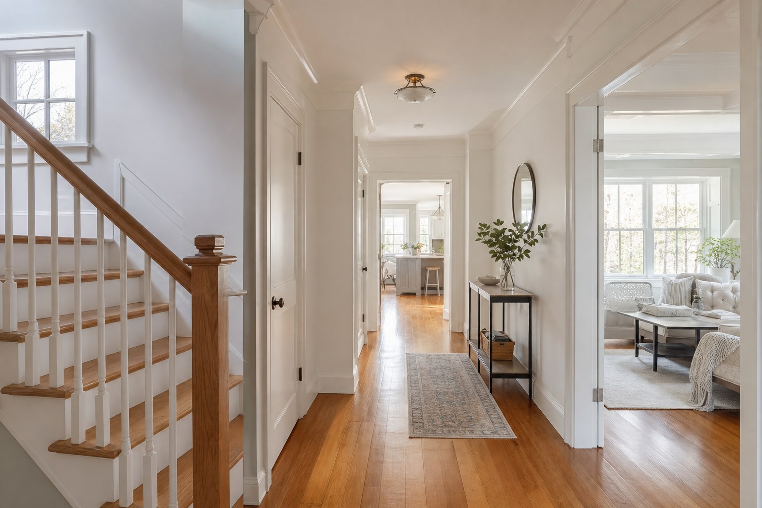 A bright New England home interior, illustrative